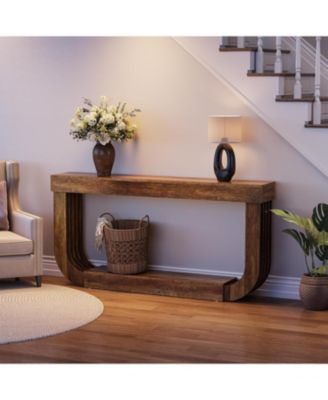 70.9-Inch Extra Long Narrow Console Table, 2-Tier Brown Wooden Sofa Table with U-Shaped Pedestal