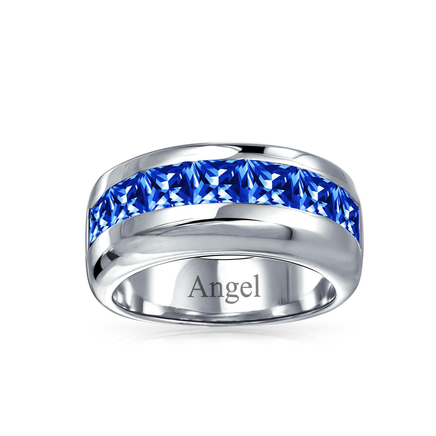 Channel Set Sapphire Blue CZ Cubic Zirconia Square Invisible Cut Wedding Band Ring Sterling Silver 9MM