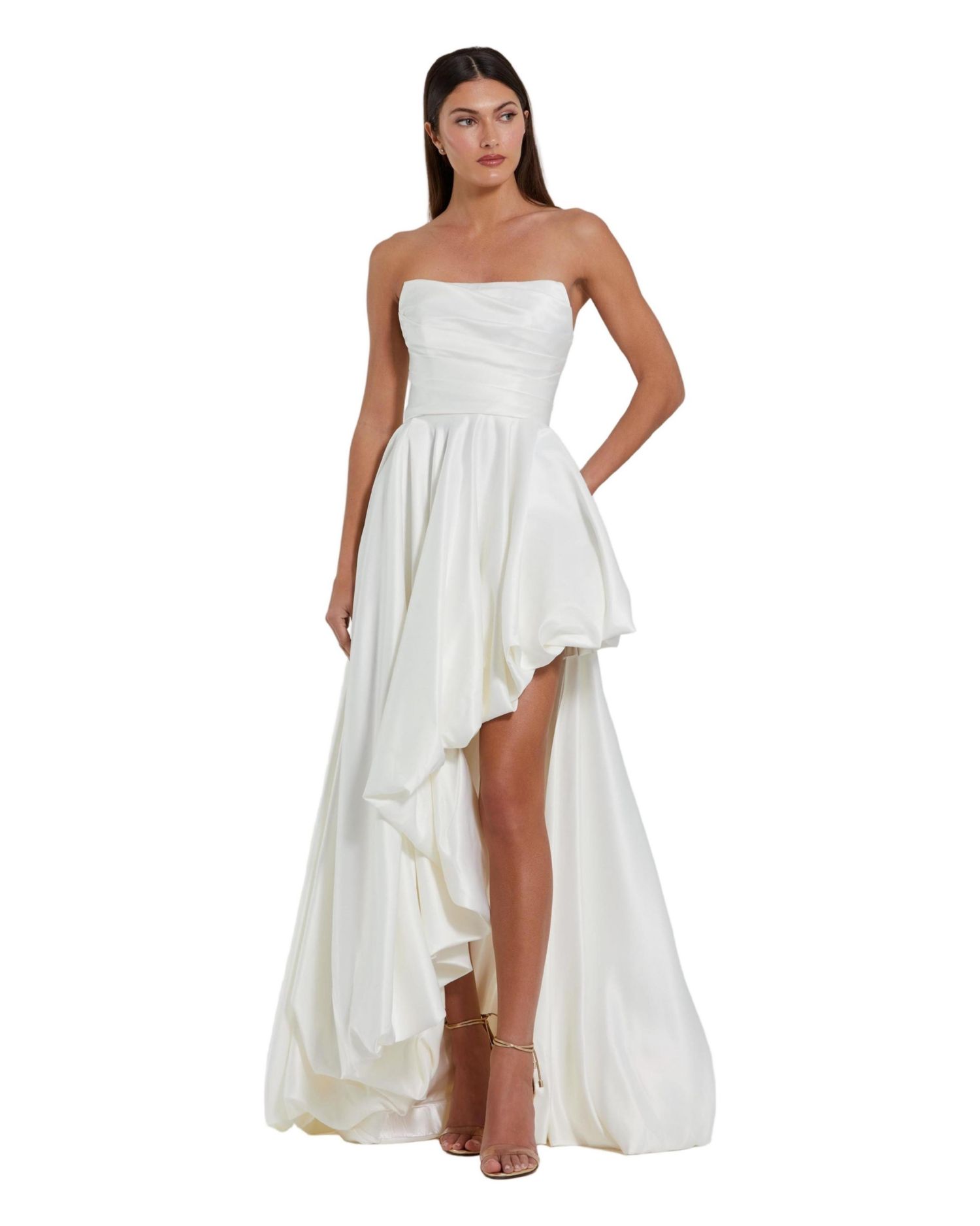 Women's Strapless High-Low Satin Gown with Draped Skirt