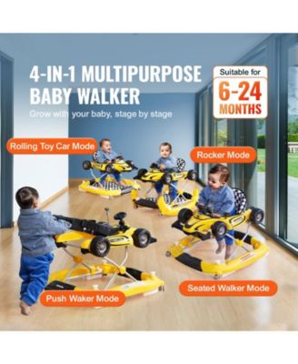 Kids 4-in-1 Foldable Walker Activity Center with Wheels Adjustable Height Light Toy Car