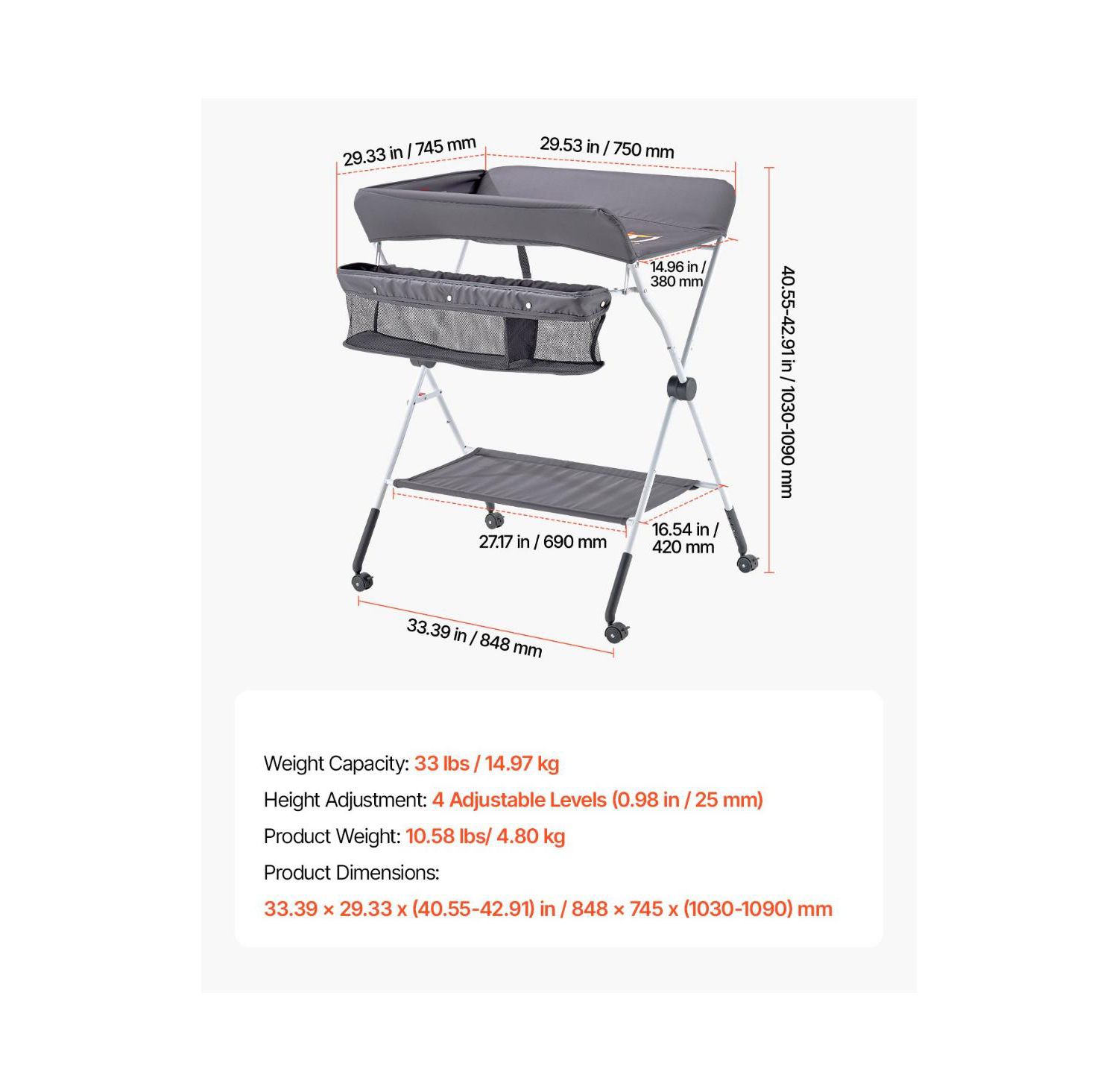 Foldable Baby Changing Table with Wheels and Side Basket