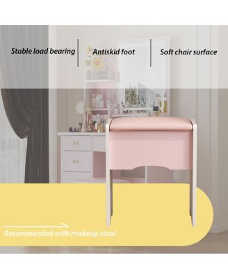 5-Drawer Vanity Set with LED Mirror, Cushioned Stool, and 3-Tier Storage Shelves – Pink MDF Dressing Table