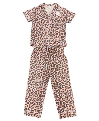 TAHARI Little Girls 3-Piece Pajama Set with Short Sleeve Notch Collar Top, Elastic Waistband Pants, and Shorts Bonus Scrunchie, Coral Blush, 4