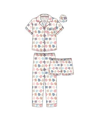 3-Piece Pajama Set with Short Sleeve Notch Collar Top, Elastic Waistband Pants, and Shorts Bonus Scrunchie, Flower Power, 7/8