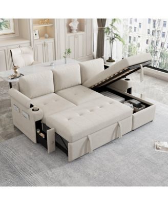83.5" L-shaped Sofa Couch Convertible Sofa Bed Sectional Sofa with Ample Storage Space, Two Cup Holders and Two USB Ports for Living Room