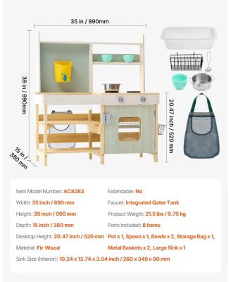 Mud Kitchen for Kids, Wooden Outdoor Playset, Pretend Kitchen with Stoves, Tank, Faucet, Storage Bag, Metal Baskets & Cookware