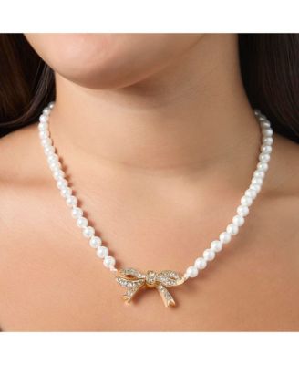 Pave Bow, Gold Tone Accents Pearl Necklace