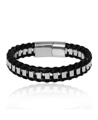 Men s Woven Leather & Stainless Link Bracelet, Magnetic Clasp - 8.5''
