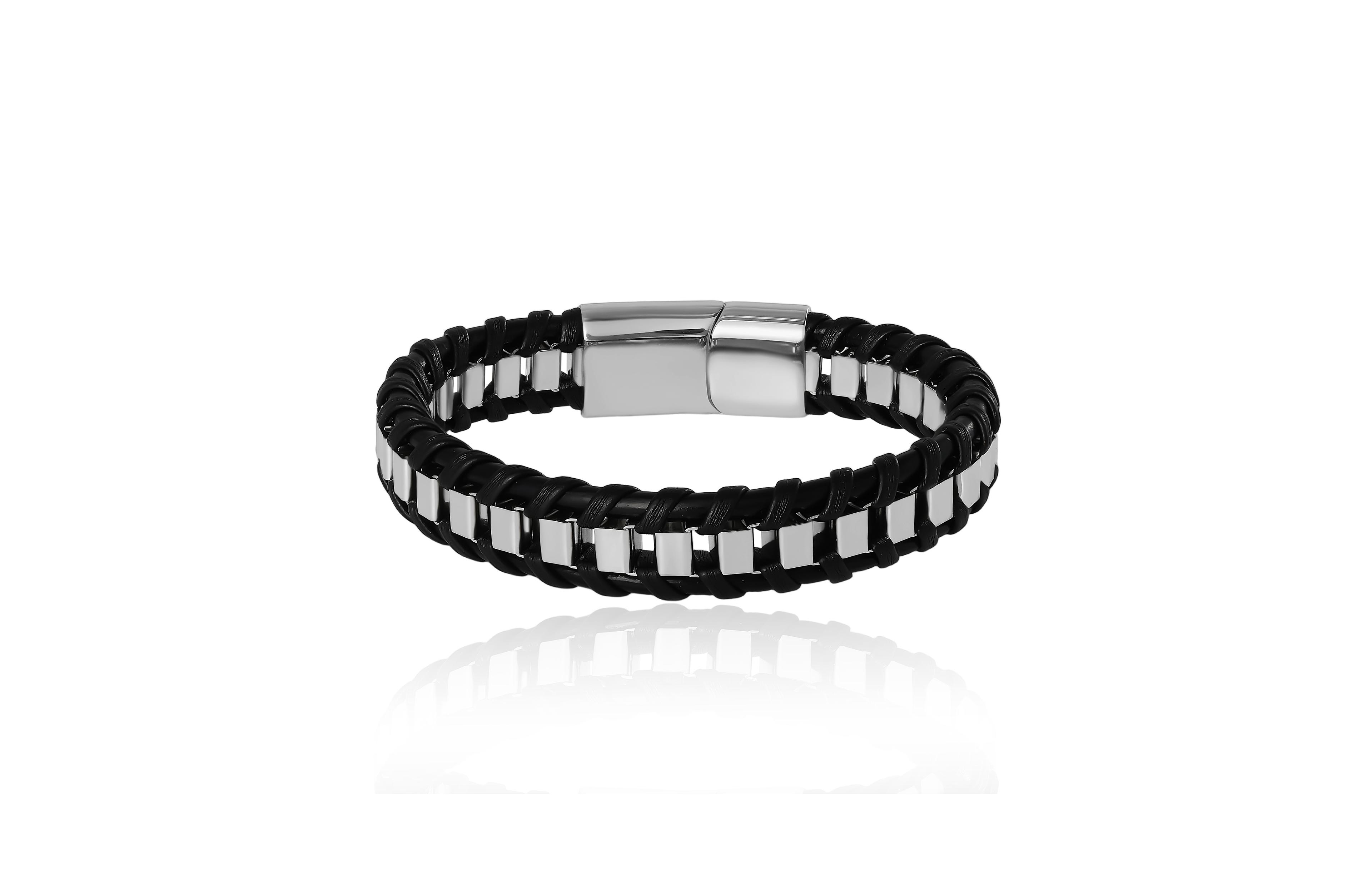 Lucky Brand Men s Woven Leather & Stainless Link Bracelet, Magnetic Clasp - 8.5''