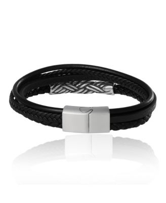 Men s Multi Row 8'' Leather Bracelet with Braided Barrel, Black