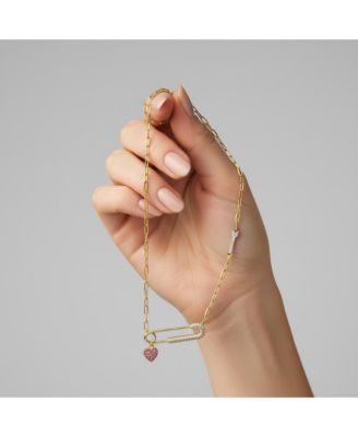 14k Gold Plated with Red & Cubic Zirconia Heart Charm Dangle Paperclip Adjustable Length Necklace