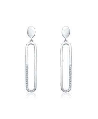 Sterling Silver with Clear Cubic Zirconia Pave Accents Oval Drop Earrings in White Gold Plated or 14K Gold Plated