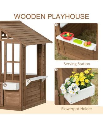Outsunny wooden playhouse with door & windows, flowerpot holders, 46"x38", outdoor cottage for kids ages 3–8.