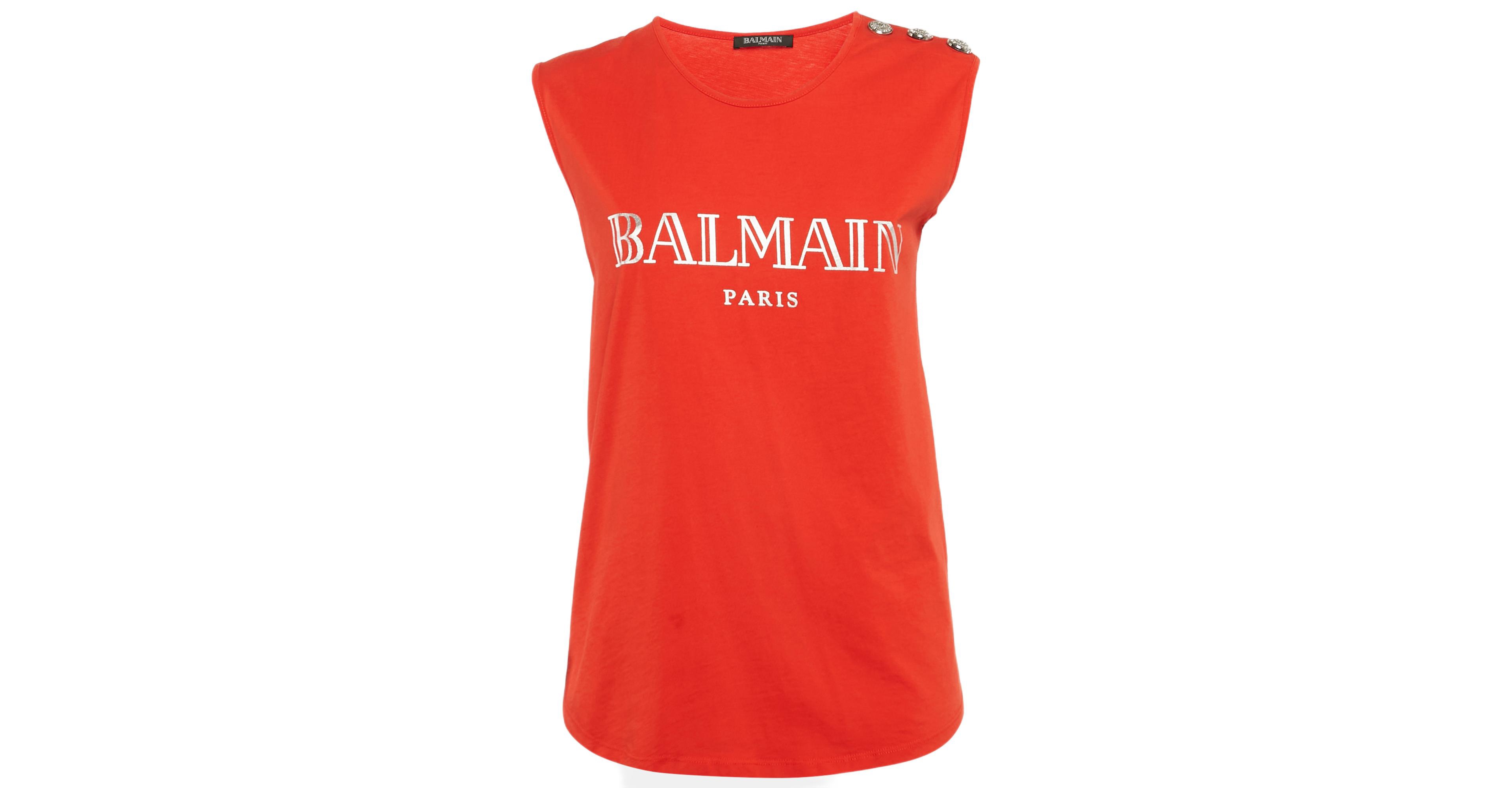Pre-Owned Balmain Women's Red Logo Print Cotton Knit Button Front Sleeveless
