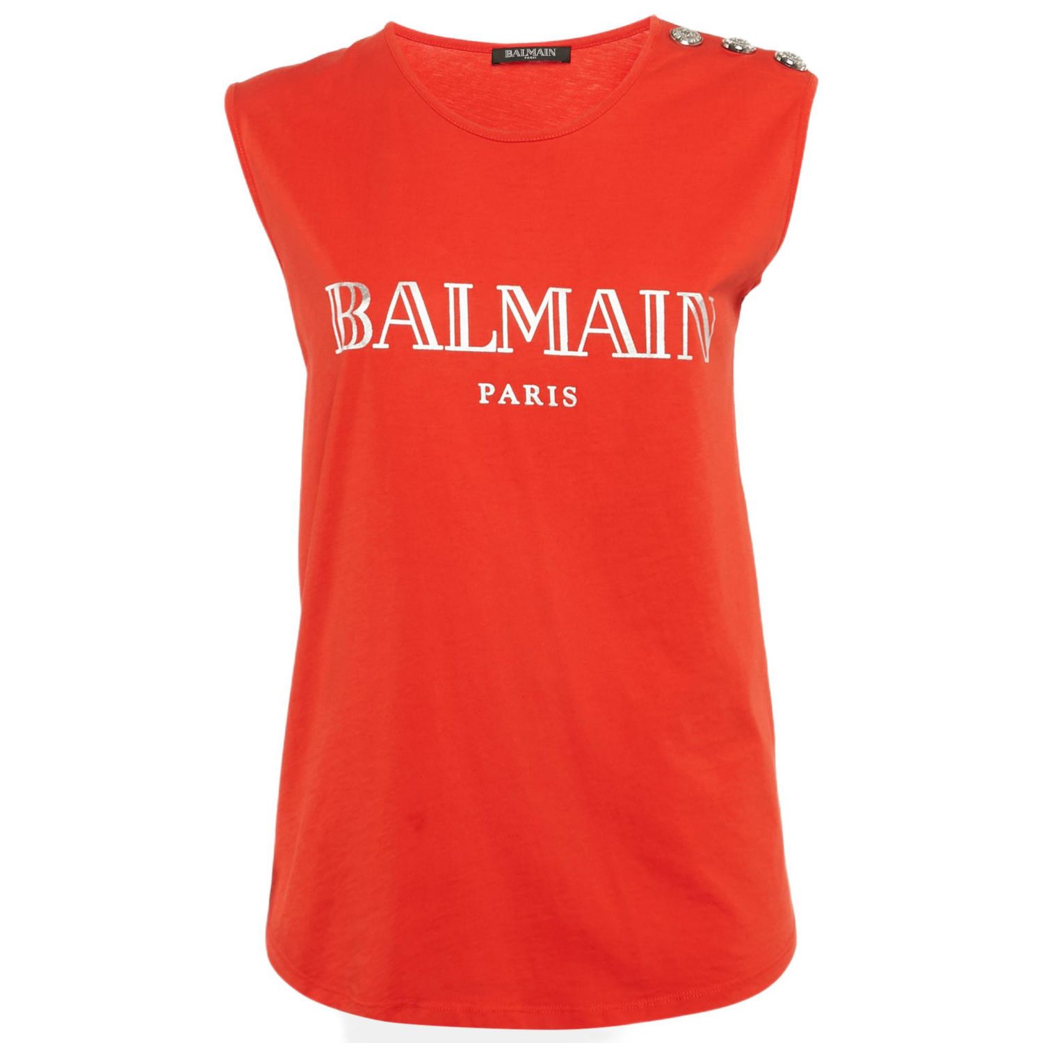 Women's Red Logo Print Cotton Knit Button Front Sleeveless