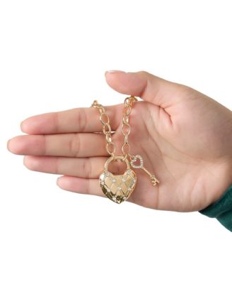 Heart Locket with Key Pendant Necklace, Gold Tone