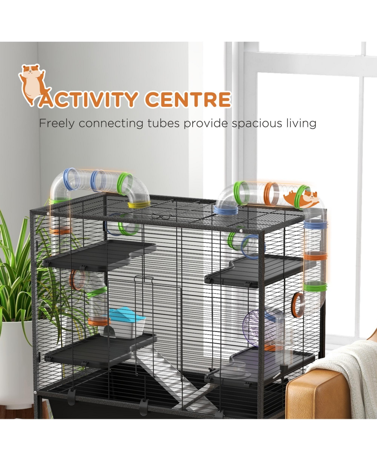 PawHut Large Hamster Cage Rat Cage on Wheels w/ Storage Shelf, Tubes