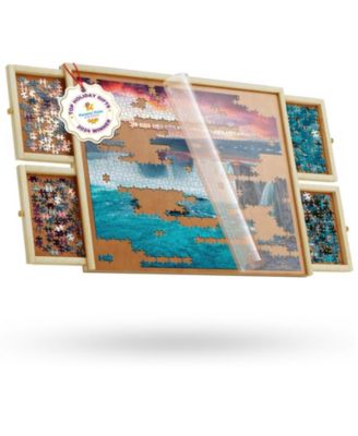 1000 Piece Wooden Jigsaw Puzzle Board - Non-Rotating Table, 30” X 22”, 4 Drawers & Plastic Cover