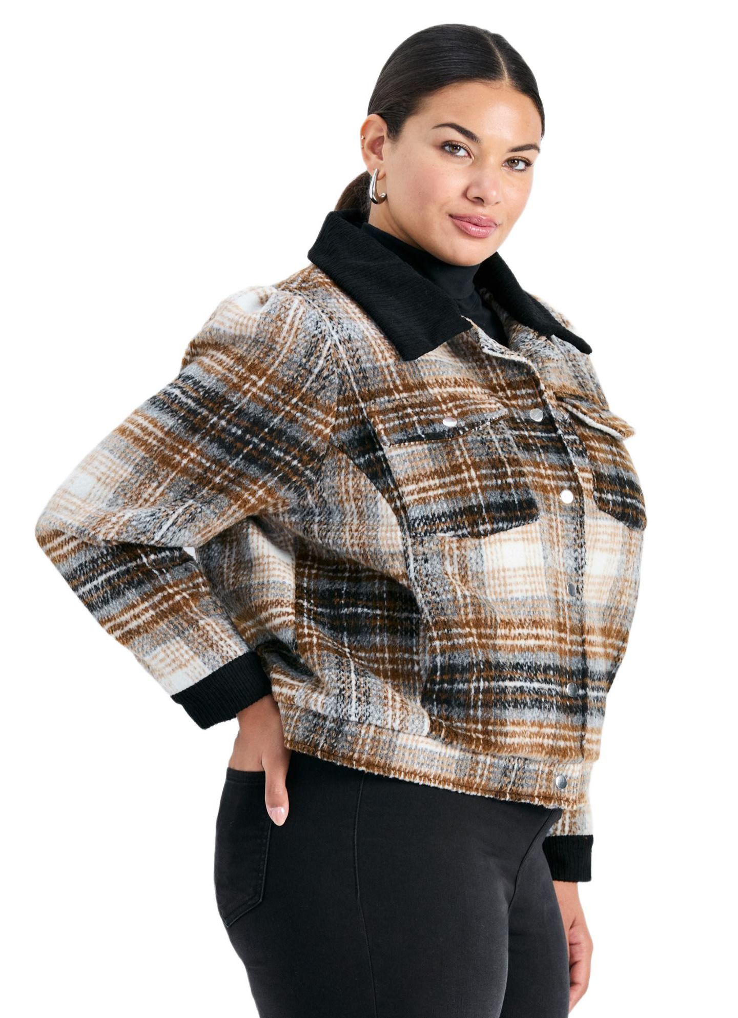 Женская куртка AVENUE Plus Size Joss Plaid Cropped Jacket, цвет: Угольный — фото 3