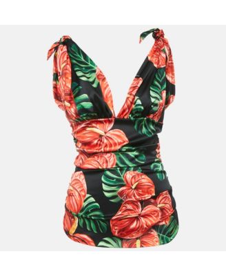 Women's Black/red Anthurium Print Satin Ruched Top