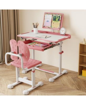 Kid&#39;s Study Desk &amp; Chair Set w/Tilt Desktop Book Stand Footrest Bar for Toddlers