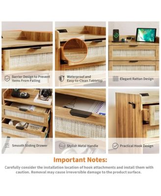 Rattan Nightstand, Bedside Table with Type-C Charging Station - 2 Storage Drawer Space, Boho End Table Side Table, 1pcs