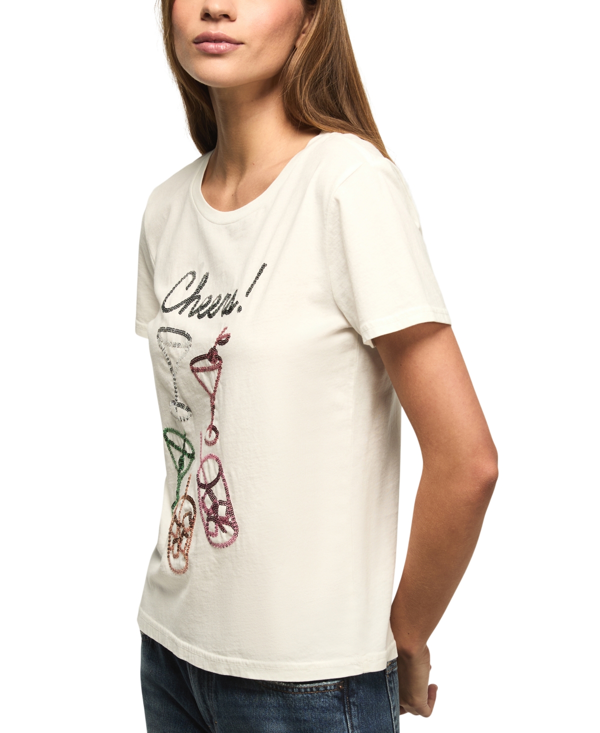 Lucky Brand Sequin Cheers Glasses T-shirt In White