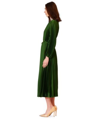 Women's Pleated Long-Sleeve Waist Tie Midi Dress
