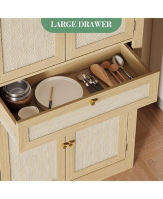 70inch Tall Kitchen Pantry Cabine, Rattan Doors Freestanding Cupboard Storage Cabinet with Drawer and Adjustable Shelves