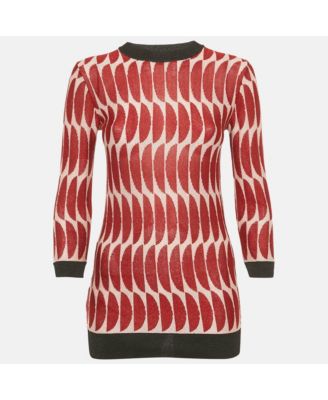 Women's Red/pink Patterned Lurex Knit Sheer Jumper