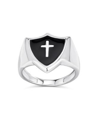 Religious Christian Shield Cross Signet Ring Natural Black Onyx Inlay Sterling Silver