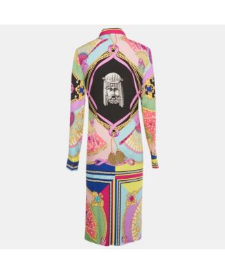 Women's Multicolor Ventagli Print Silk Zip Up Shirt Midi Dress