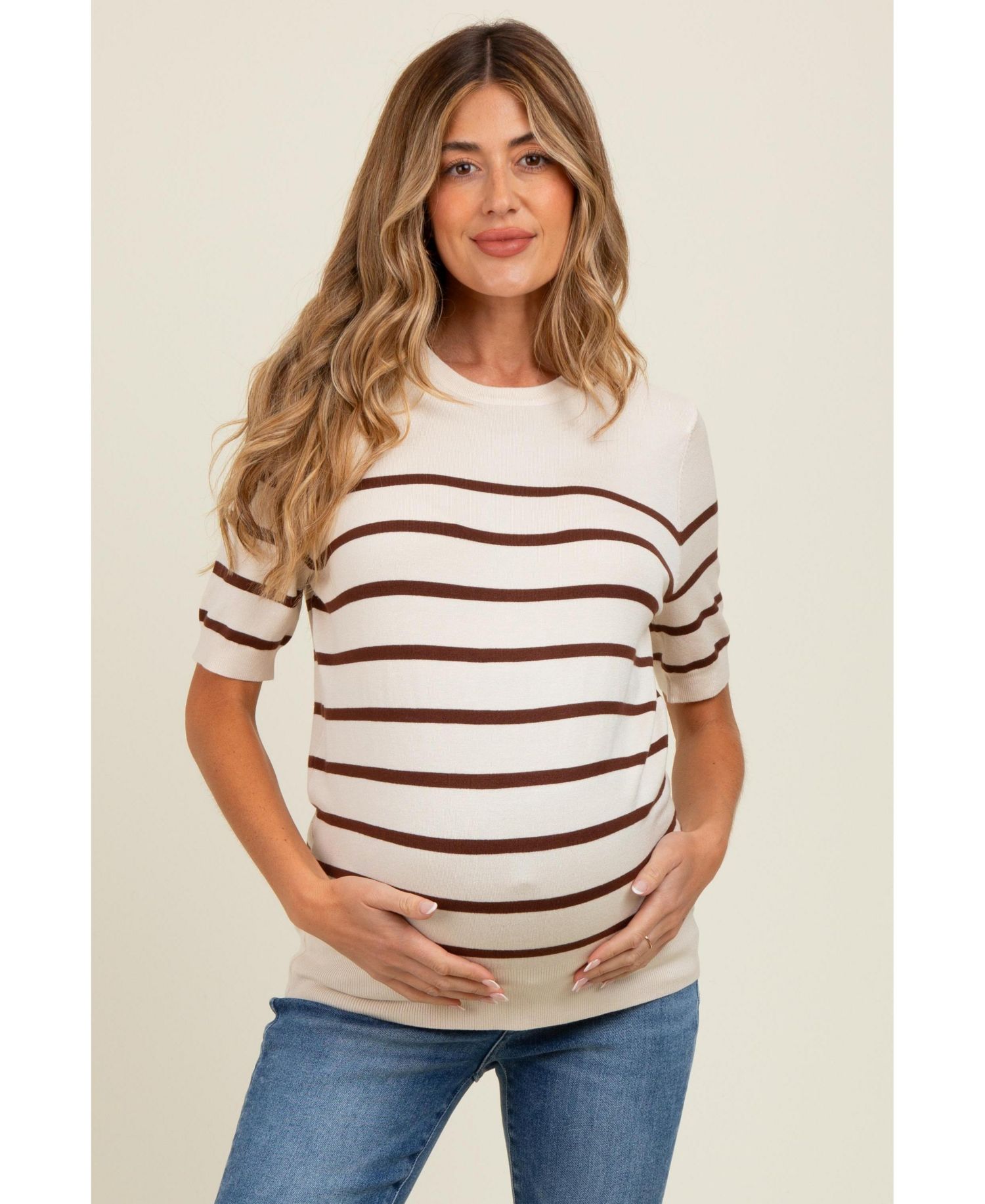 Women's Brown Striped Knit Short Sleeve Top