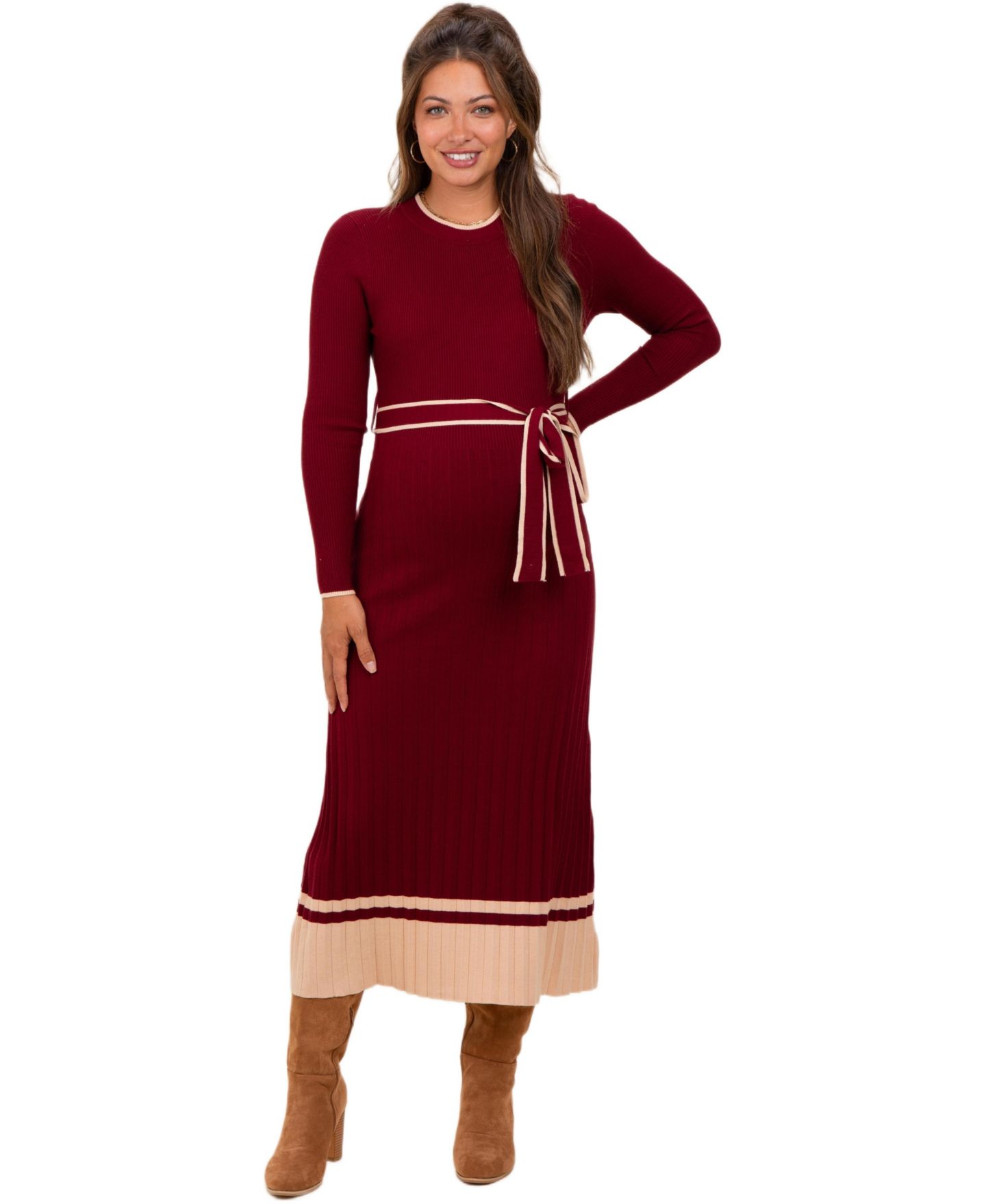 Женское платье Pinkblush Burgundy Elegant Ribbed Midi Sweater Dress With Belt, цвет: Бордовый — фото 1