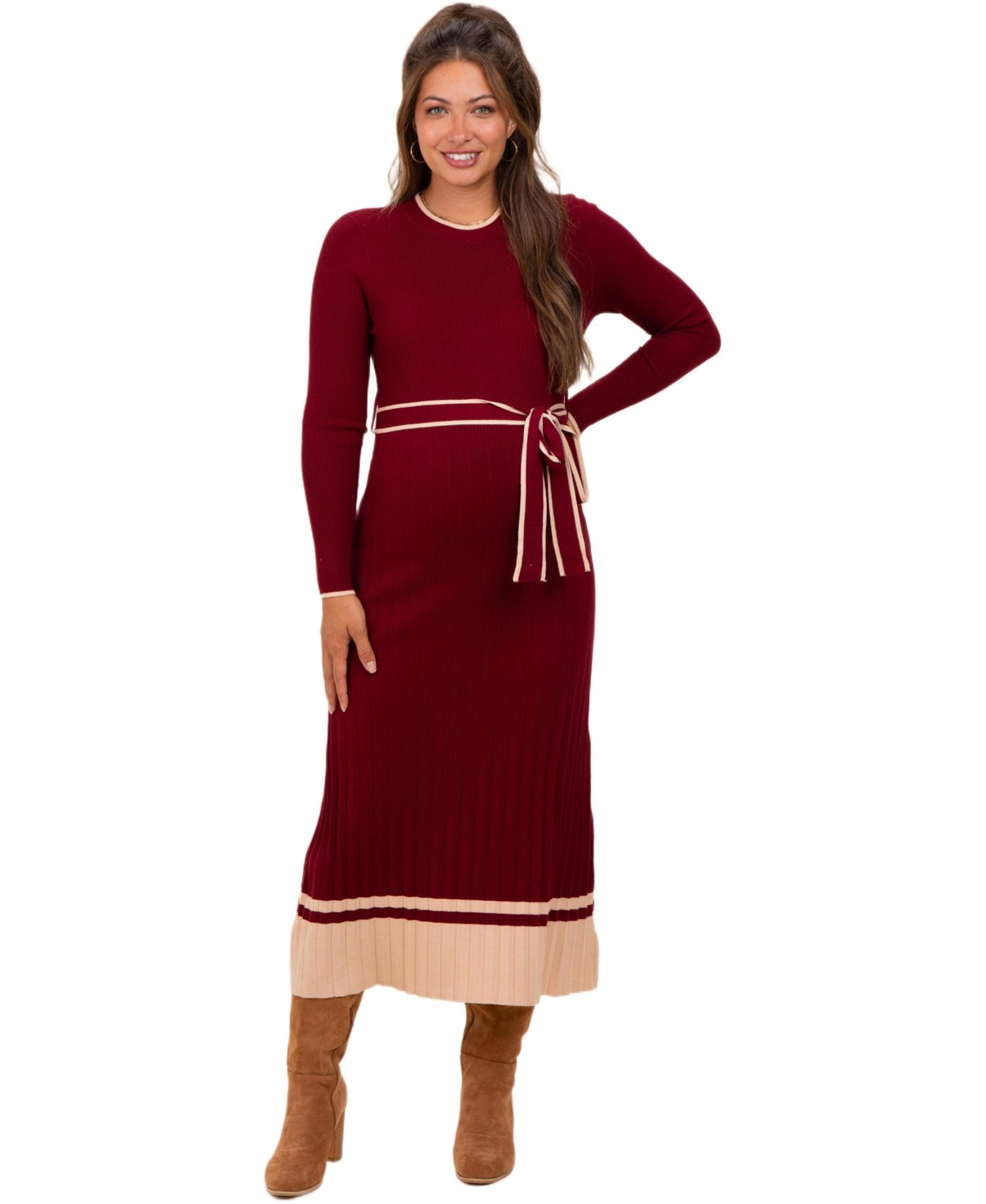 Women's Burgundy Elegant Ribbed Midi Sweater Dress With Belt