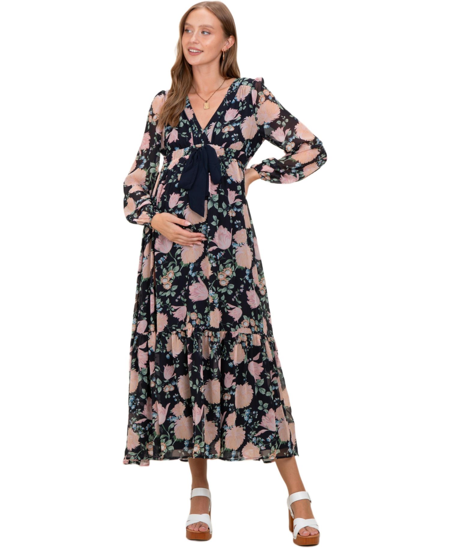 Women's Navy Floral Chiffon Bow Tie Front Maxi Dress