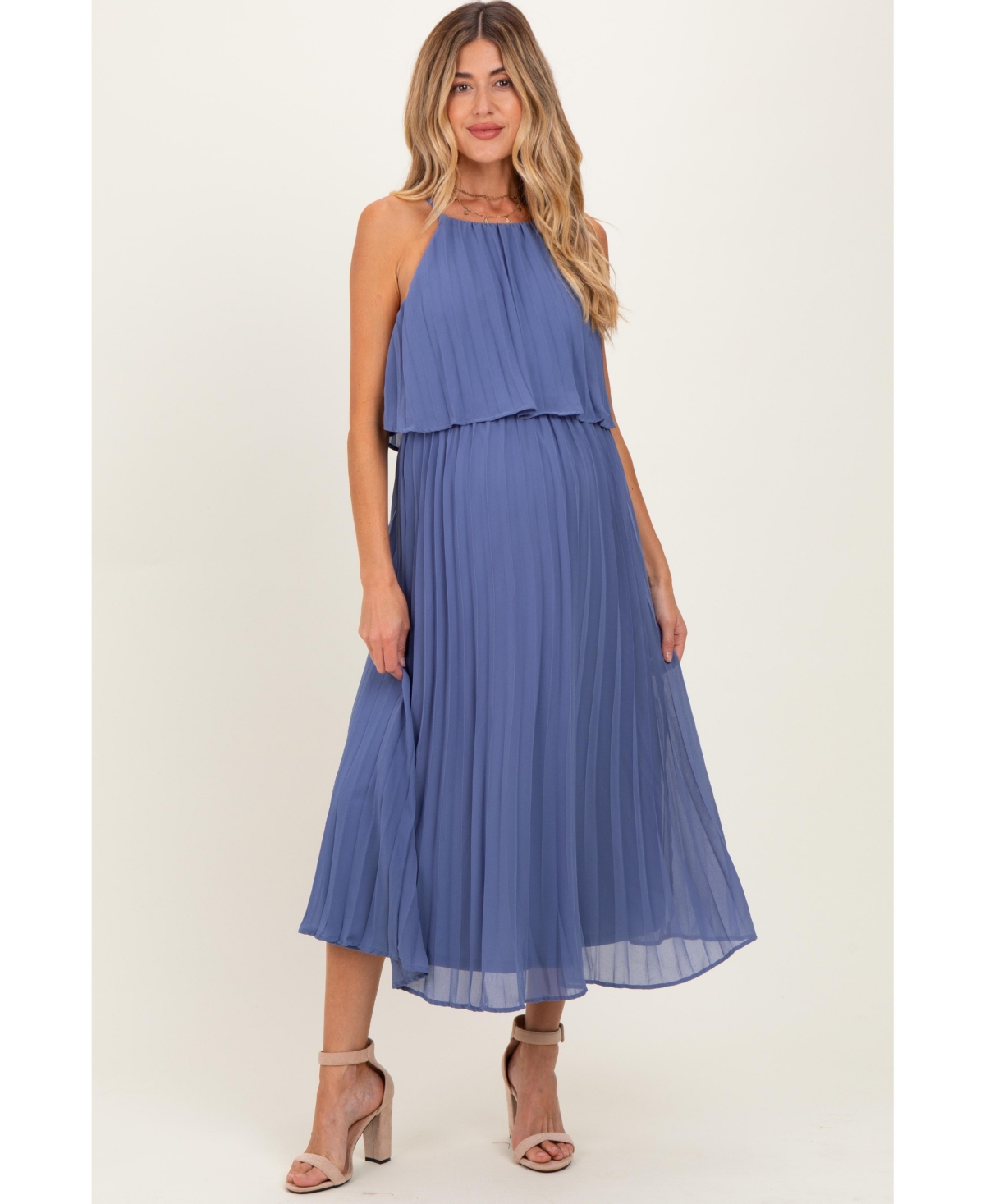 Pinkblush Maternity Light Navy Pleated Woven Midi Dress