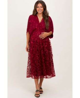 Maternity Dresses Light Gold Embroidered Tulle Dolman V-Neck Midi Dress