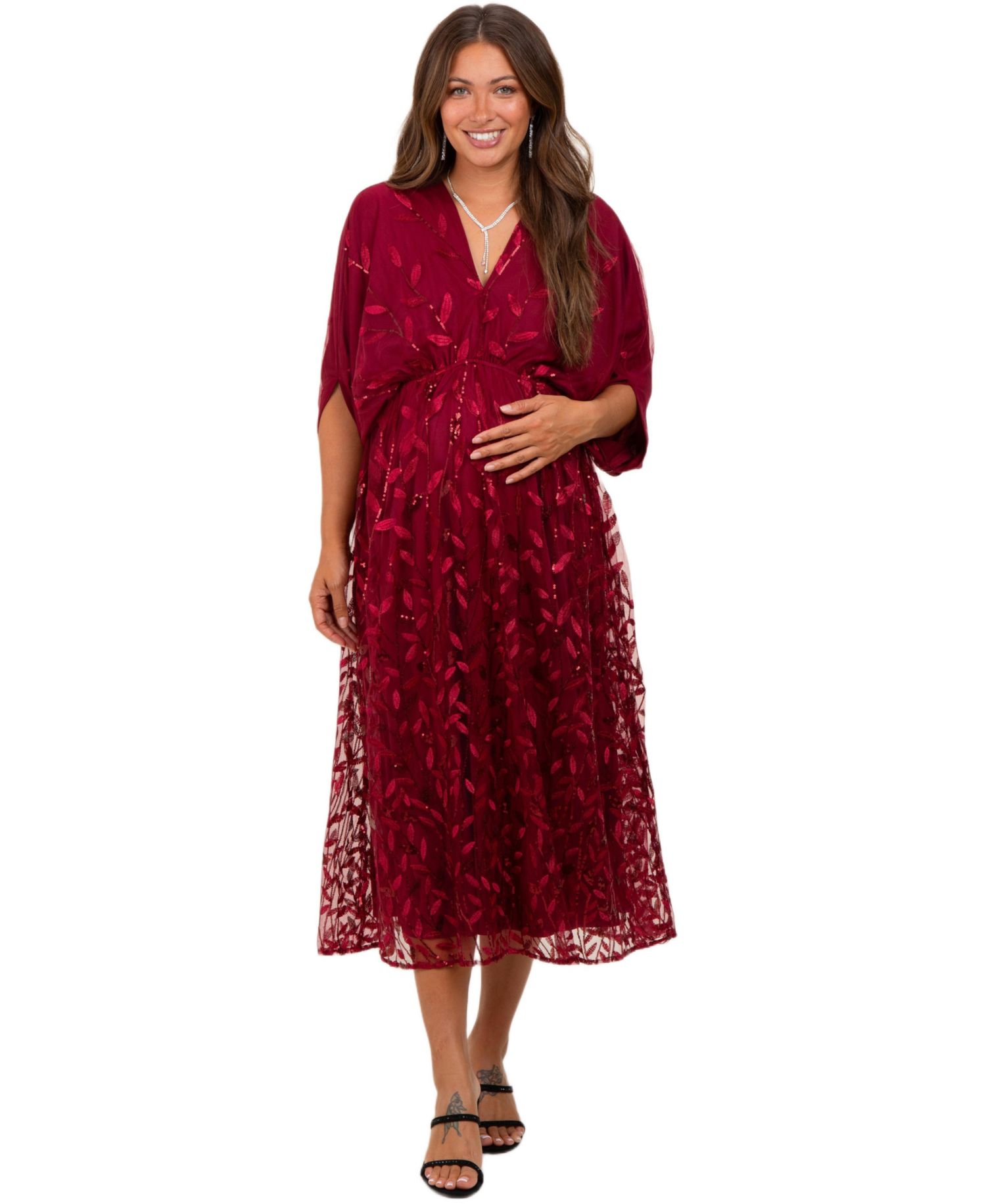 Women's Pinkblus Burgundy Embroidered Tulle Dolman V-Neck Midi Dress