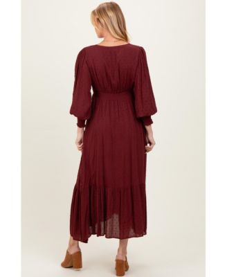 Maternity Burgundy Swiss Dot Button Down Maxi Dress