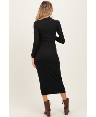 Maternity Black Turtle Neck Long Sleeve Rib Fitted Midi Dress
