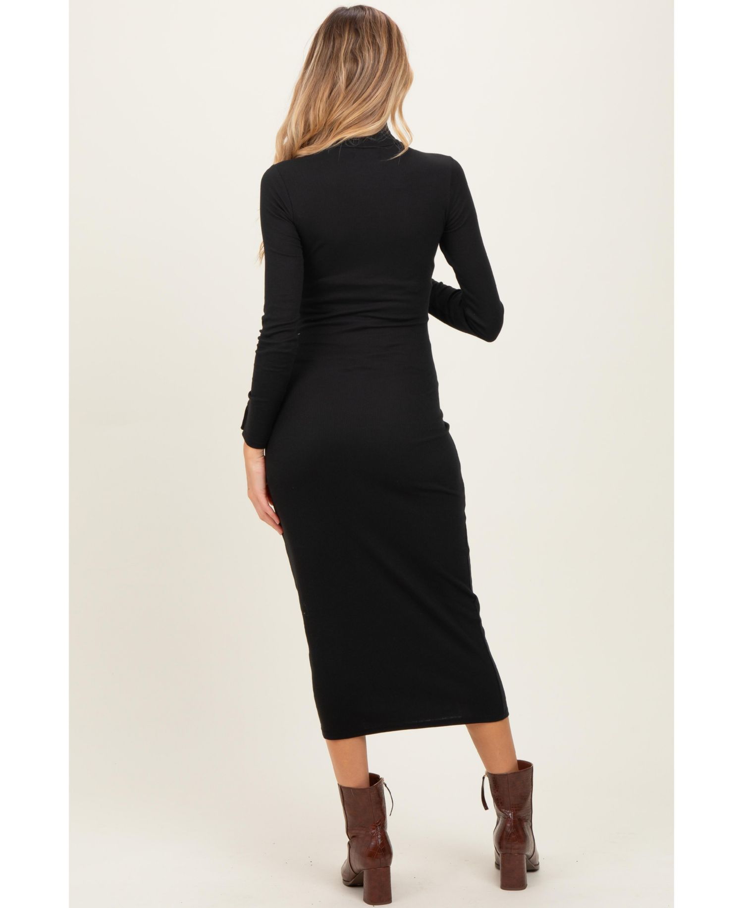 Women's Black Turtle Neck Long Sleeve Rib Fitted Midi Dress