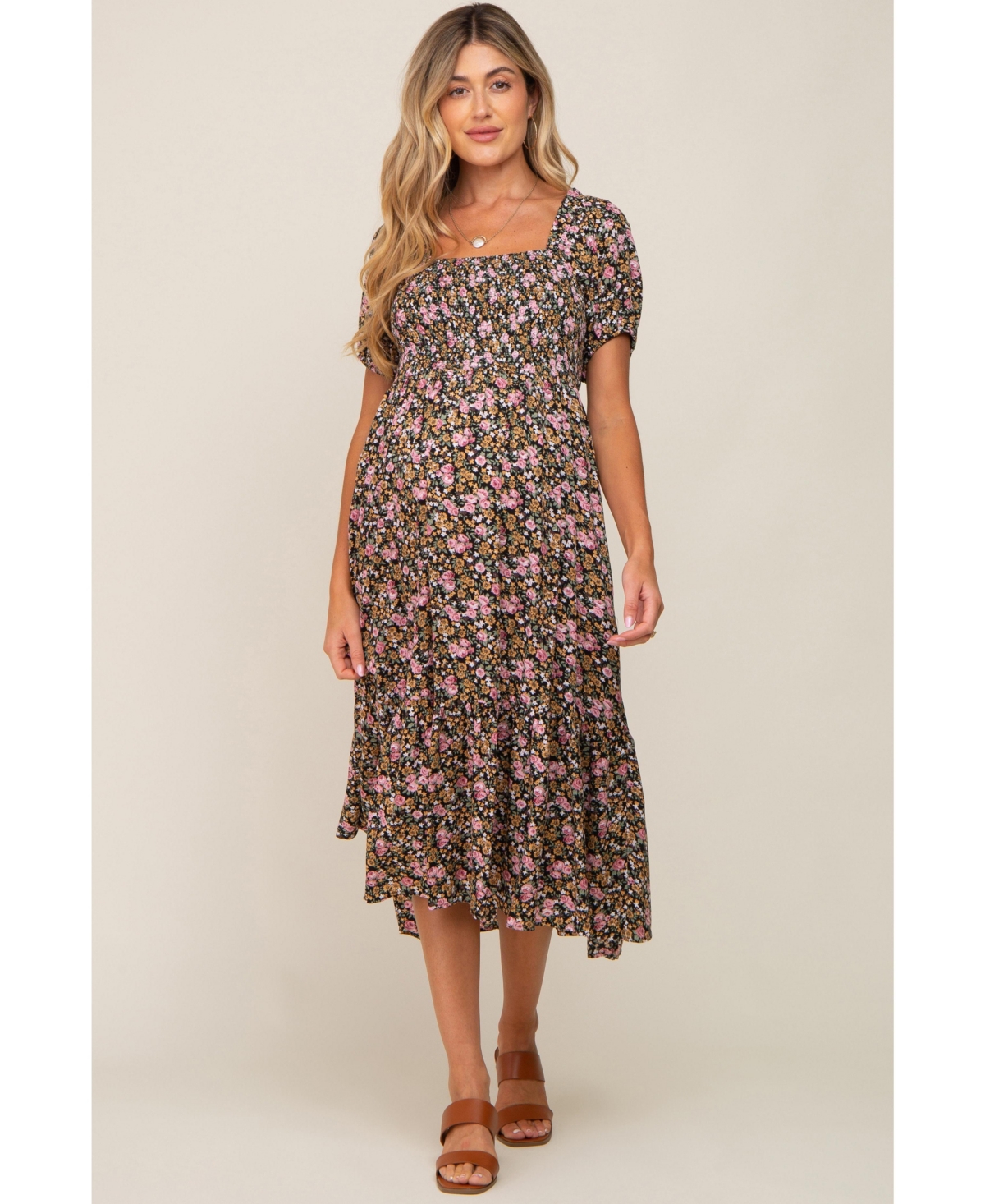Pinkblush Maternity Taupe Floral Smocked Puff Sleeve Midi Dress