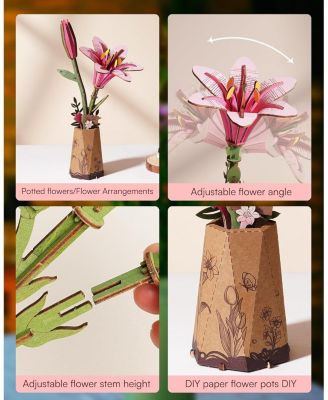 3D Puzzles Pink Lily DIY Model Building Kits Artifical Flower Toys for Thanksgiving Mother's Day, Multicolored, 9.65"6.5"1.65