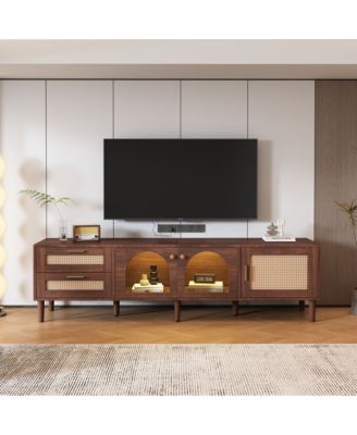 Rattan TV Stand with 3 Cabinets & 2 Drawers Media Console Table for TVs up to 80" with LED Light