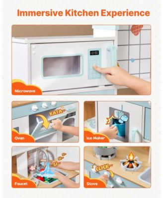 Wooden Play Kitchen for Kids, Toy Kitchen Set with Lights & Sounds, Ice Maker, Oven, Sink, Microwave, Fridge & Accessories