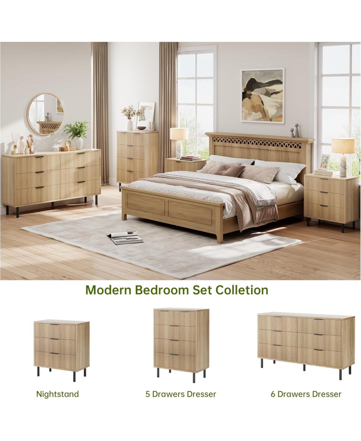 Gaomon | Tall 5-Drawer Oak Wood Wave-Fluted Design, Metal Legs, Anti-Tip Device Modern Storage Chest/Dresser