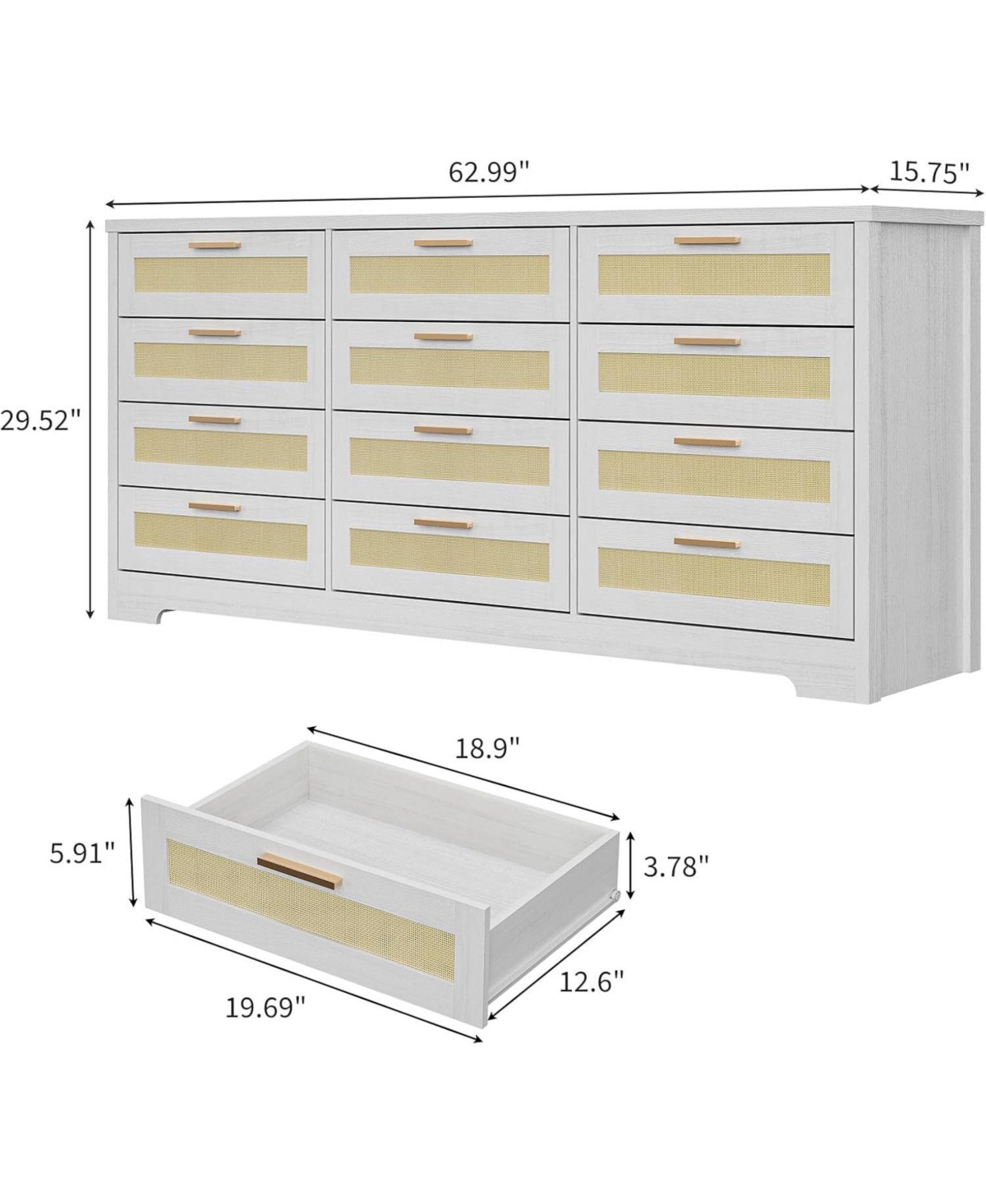 12-Drawer Rattan Bedroom Dresser, Modern Wood Storage Chest with Woven Panel Fronts for Nursery, Entryway, or Living Room, Natural
