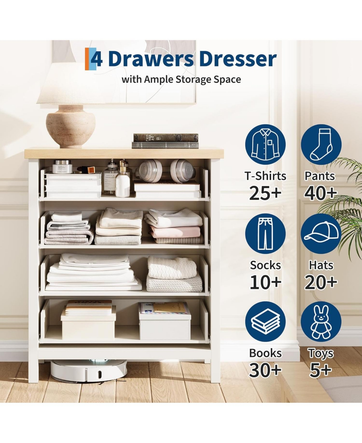 Fluted Oak Bedroom Dresser, 35.4" Tall Chest with 4 Drawers, Closet Storage Cabinet & Clothes Organizer for and Living Room