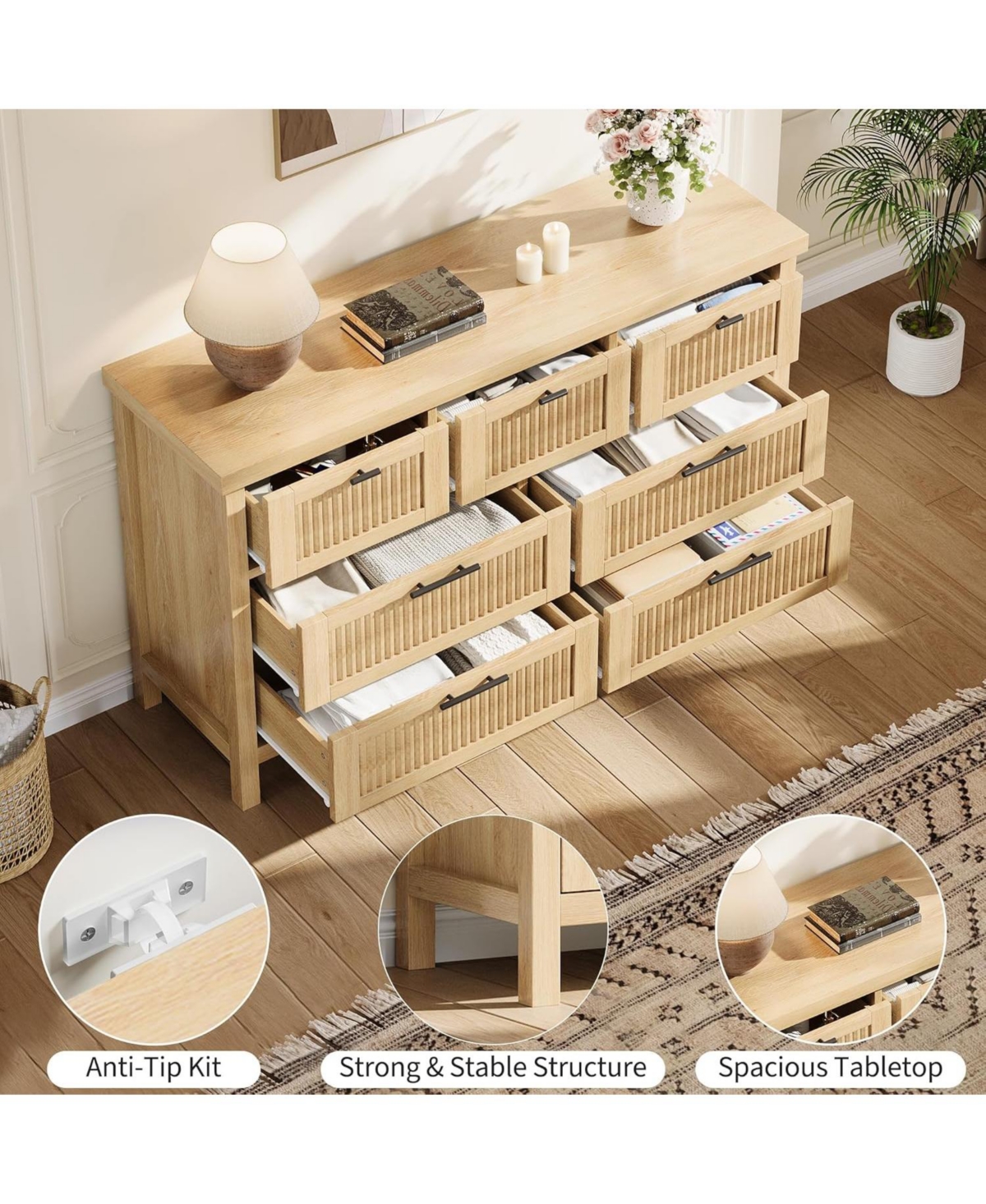 Gaomon 47.4" Wood Fluted 7-Drawer Large Storage Bedroom Dresser & Tv Stand